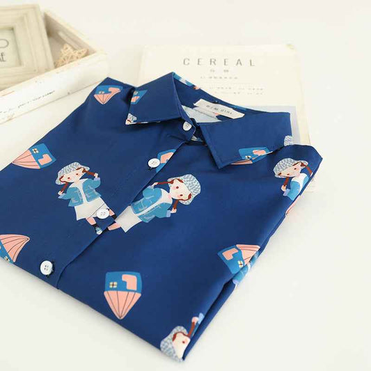 College Girl Print Dark Blue Chiffon Shirt.