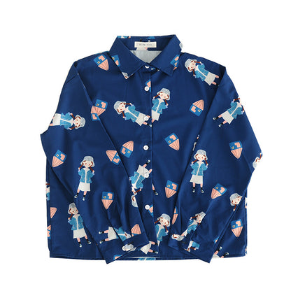 College Girl Print Dark Blue Chiffon Shirt.