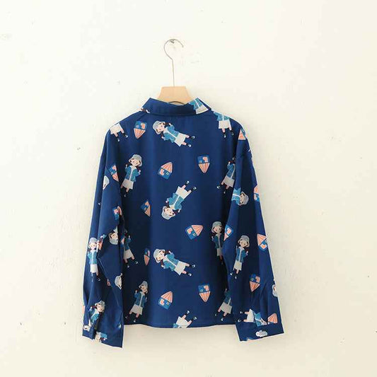 College Girl Print Dark Blue Chiffon Shirt.