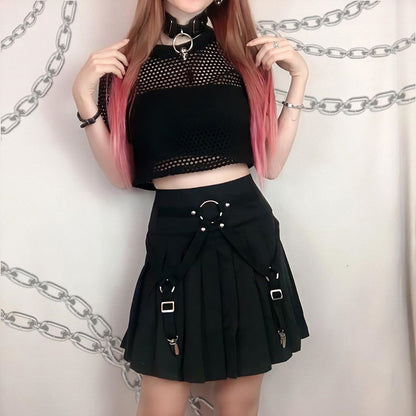 Dark Functional Wind Punk Girl Pleated Skirt High Waist Tooling Bf Cool Ring Skirt Skirt Trend.