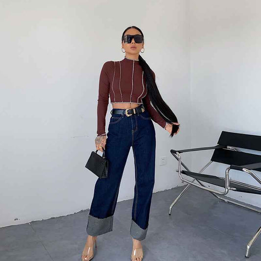 Dark Blue Curled Edge Top Line Loose And Thin Wide-leg Trouser.