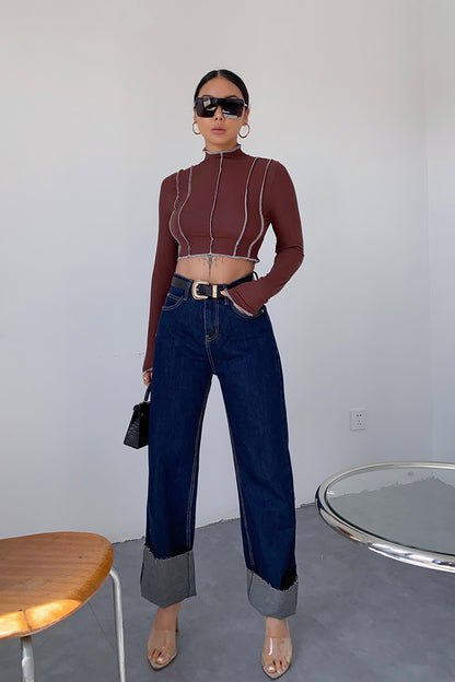 Dark Blue Curled Edge Top Line Loose And Thin Wide-leg Trouser.