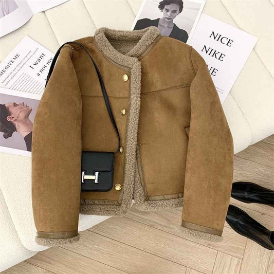 Classic Style Fur Single-breasted Crew Neck Coat Women.