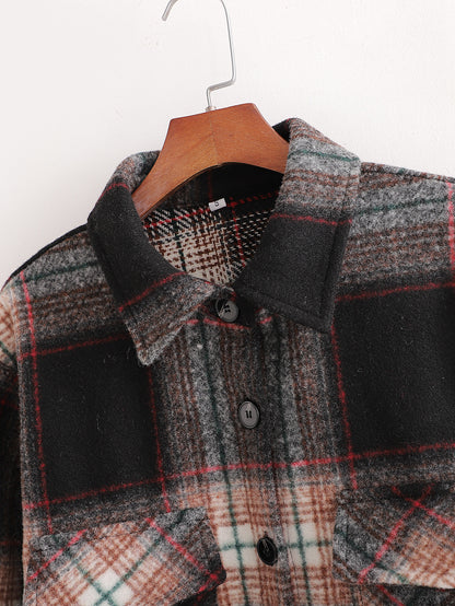Women's Slim Dark Brown Woolen Plaid Jacket.