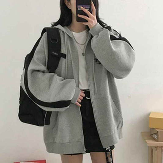 Women Hoodies Haruku Hooded Oversized Hoodie Solid Long Sleeve Irregular Sweatshirt Loose Print Zip-up Tops Jacket Coats
