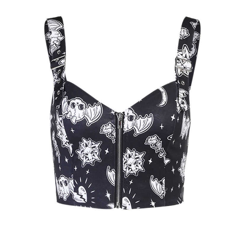 Zipper Printed Camisole Top Spring and Summer Sexy Camisole Alamode