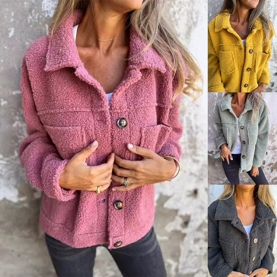 Women's Lamb Wool Coat Winter Lapel Single Breasted Jacket Outwear Warm Cropped Tops Clothing Alamode