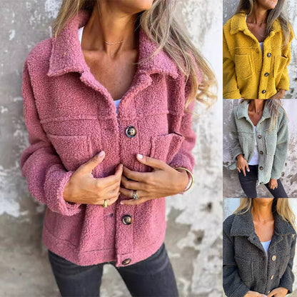 Women's Lamb Wool Coat Winter Lapel Single Breasted Jacket Outwear Warm Cropped Tops Clothing Alamode
