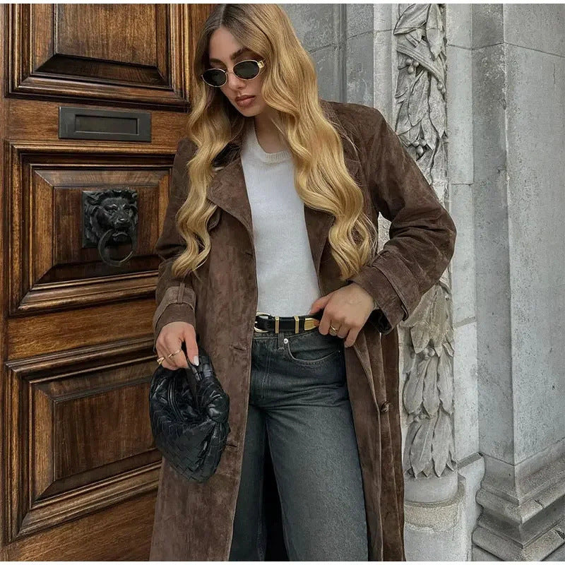 Double Breasted Lapel Shift Coat With Belt Fashion Vintage Suede Long Coat Winter Outwear Women's Clothing Alamode