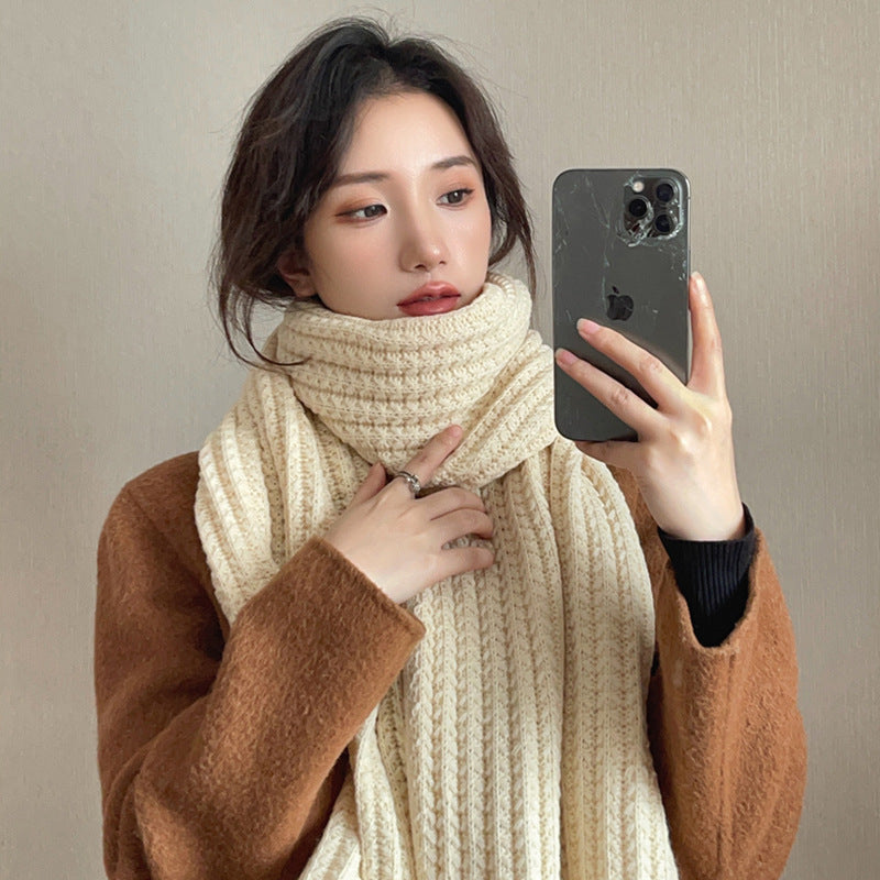 White Harajuku Style Coarse Yarn Knitted Scarf For Women Winter Korean Style All-matching Warm Japanese Style Students Thickened Alamode