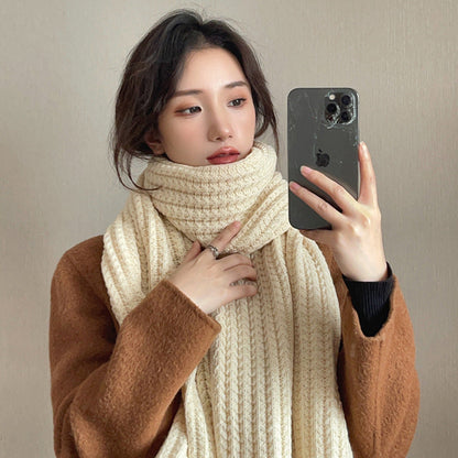 White Harajuku Style Coarse Yarn Knitted Scarf For Women Winter Korean Style All-matching Warm Japanese Style Students Thickened Alamode