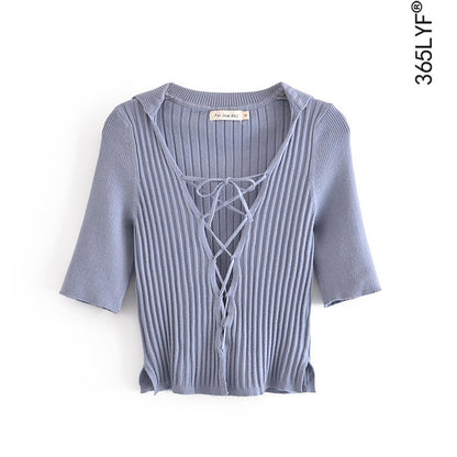 Lapel Slim Cross Drawstring Strap Pure Color All-match Half Sleeve Knit Top Dark Purple Cardigan.