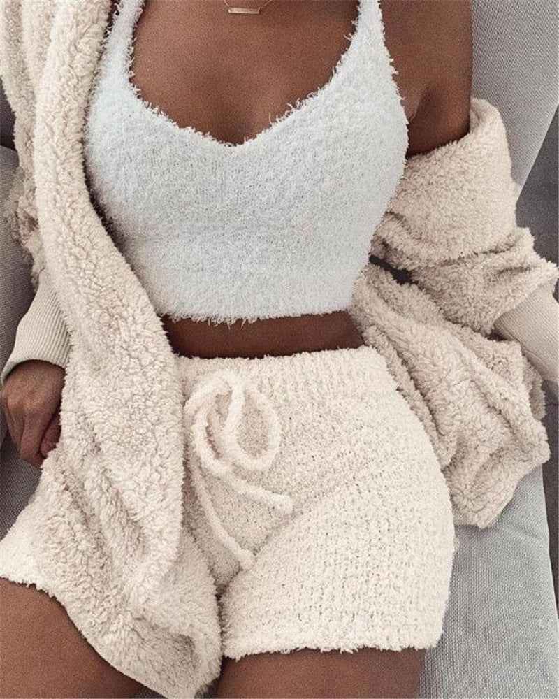 3pcs Womens Clothing Long Sleeve Crop Tank Top And Drawstring Shorts Pajama Set - The elite ways