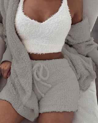 3pcs Womens Clothing Long Sleeve Crop Tank Top And Drawstring Shorts Pajama Set - The elite ways