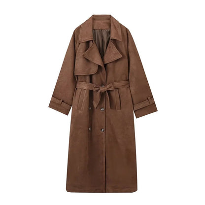Double Breasted Lapel Shift Coat With Belt Fashion Vintage Suede Long Coat Winter Outwear Women's Clothing Alamode