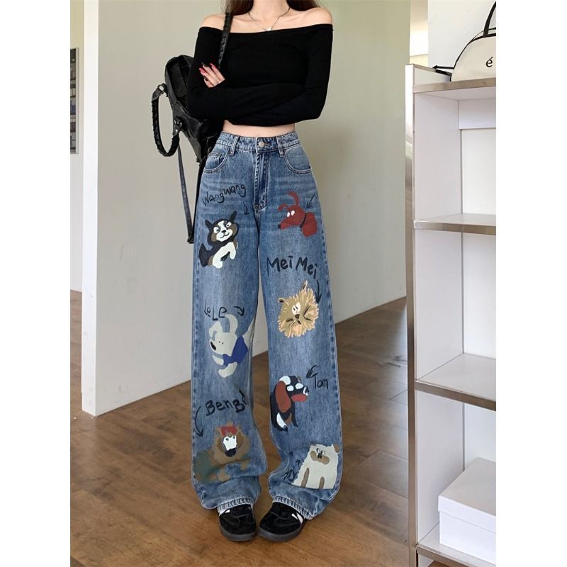 Female American retro high street graffiti jeans Alamode