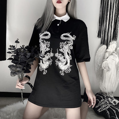 Dark Country Style Female Student Dragon Pattern T-shirt Female Polo Shirt.
