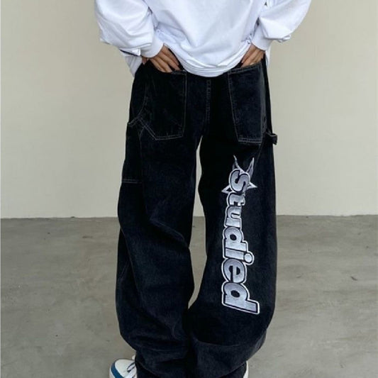 Star Letter Embroidered Jeans For Men And Women Loose Alamode