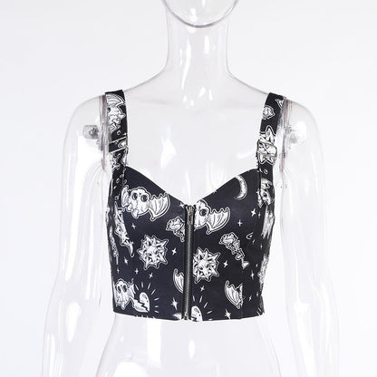 Zipper Printed Camisole Top Spring and Summer Sexy Camisole Alamode