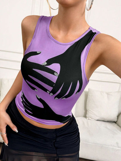 Y2K Printed Tank Vest INS Fashion Streetwear Round Neck Sleeveless Top Summer Women's Clothing Alamode