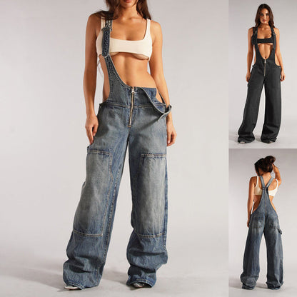 Y2K Zipper Denim Overalls With Pockets Fashion Loose Suspender Jumpsuit Streetwear Jeans Pants Womens Clothing Alamode