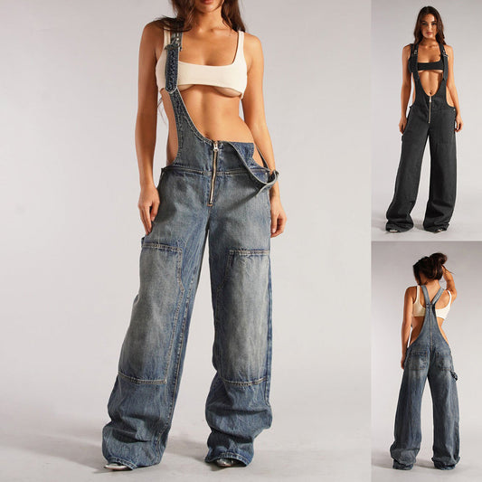 Y2K Zipper Denim Overalls With Pockets Fashion Loose Suspender Jumpsuit Streetwear Jeans Pants Womens Clothing Alamode