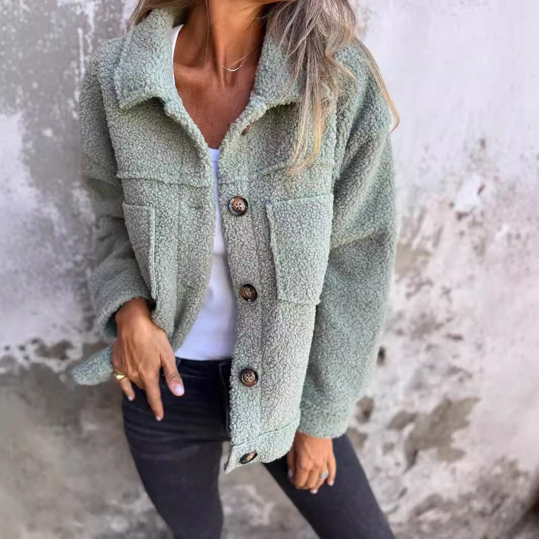 Women's Lamb Wool Coat Winter Lapel Single Breasted Jacket Outwear Warm Cropped Tops Clothing Alamode