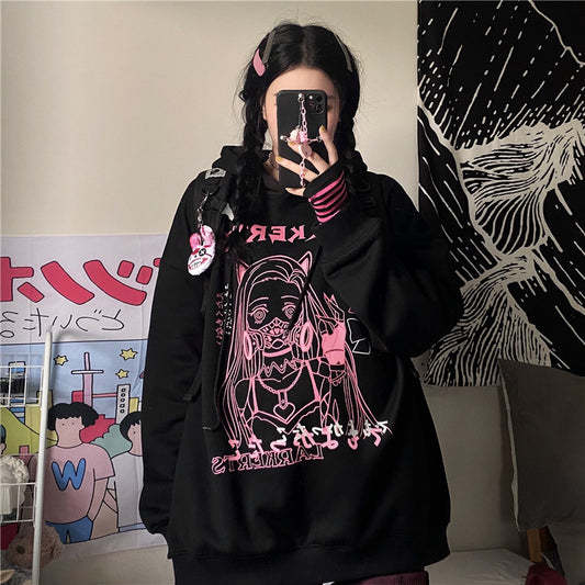 Dark Hoodie Female Two Dimensional Girl Loose Hooded Plus Velvet Coat.