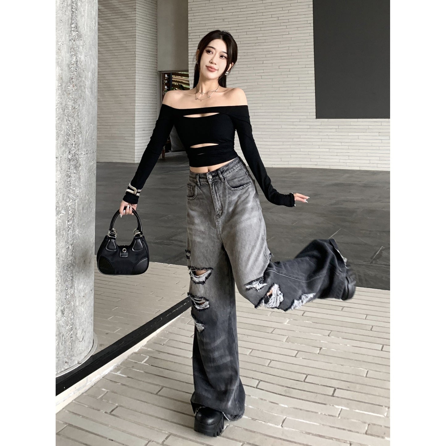 Gradient Color Big Ripped Hot Girl Wide Leg Jeans For Women Alamode