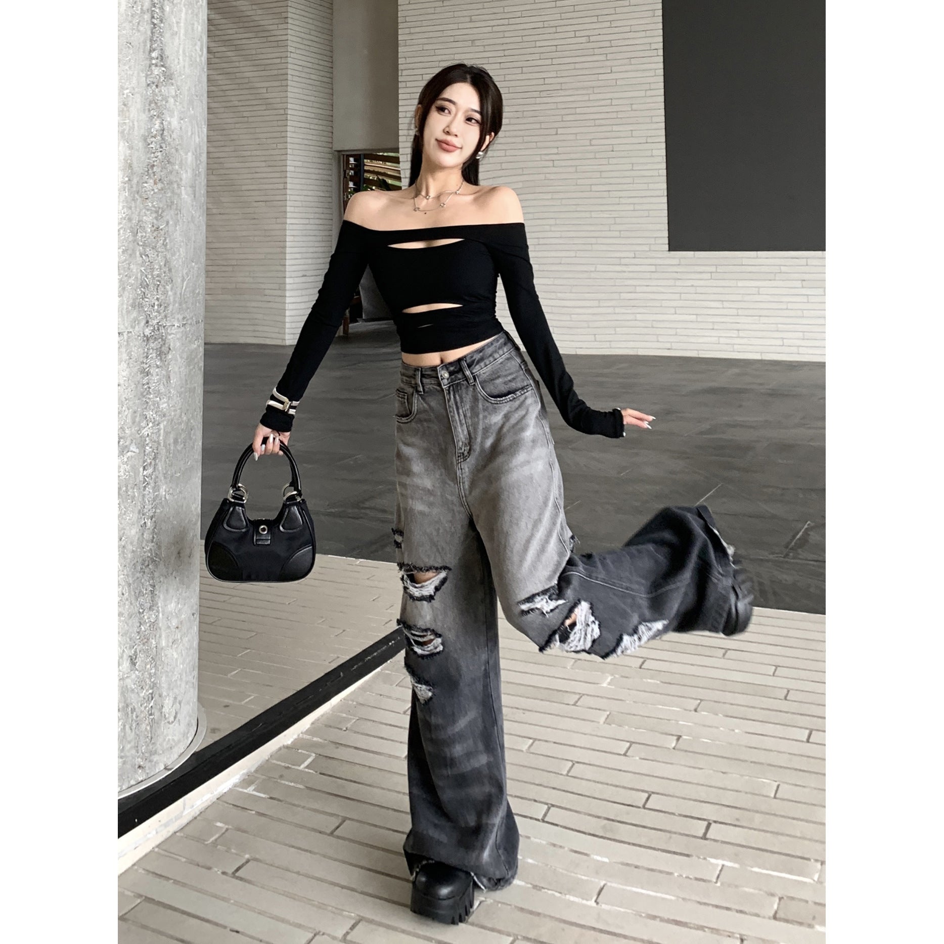 Gradient Color Big Ripped Hot Girl Wide Leg Jeans For Women Alamode
