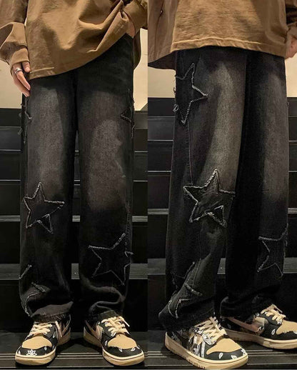 Mens Y2k Star Jeans High Waisted Hip Hop Streetwear Jeans Loose Baggy Embroidery Aesthetic Harajuku Denim Pants