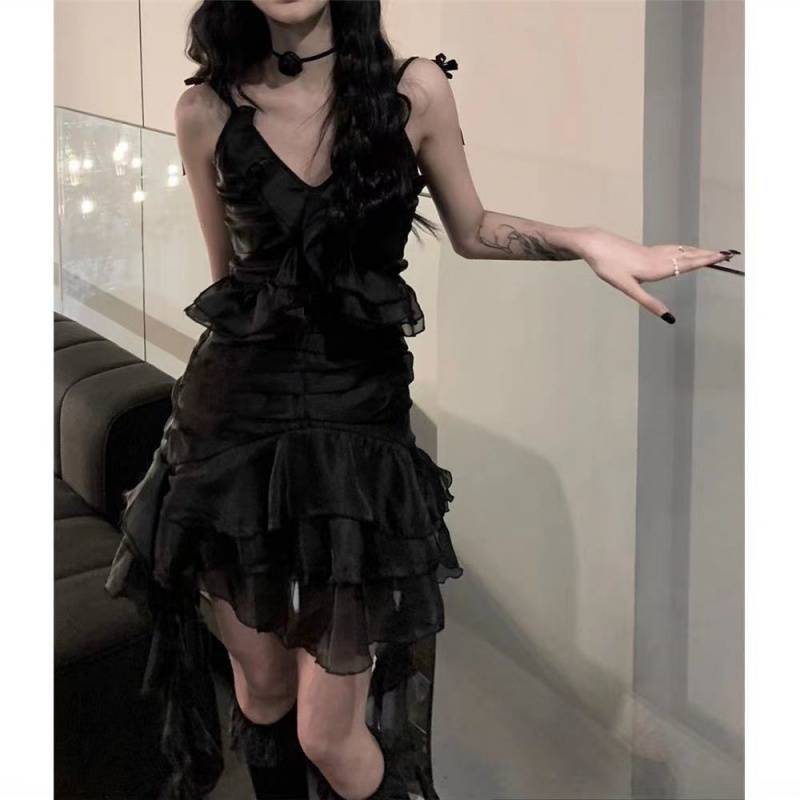 Romantic Dark Flowy Ruffle Layered High Dress.