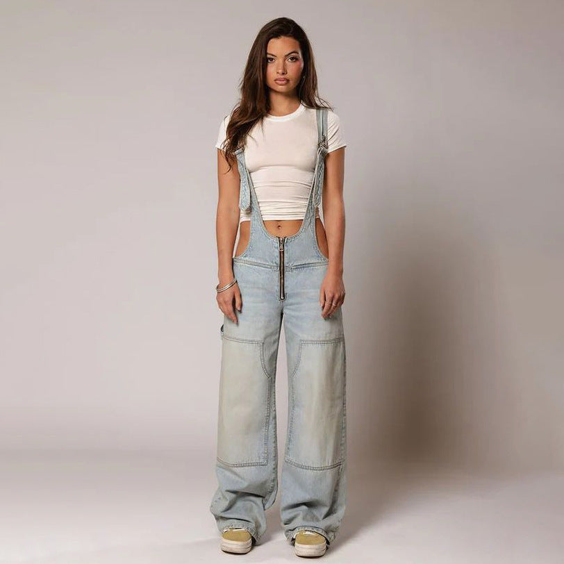 Y2K Zipper Denim Overalls With Pockets Fashion Loose Suspender Jumpsuit Streetwear Jeans Pants Womens Clothing Alamode