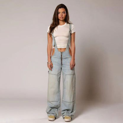 Y2K Zipper Denim Overalls With Pockets Fashion Loose Suspender Jumpsuit Streetwear Jeans Pants Womens Clothing Alamode