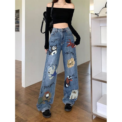 Female American retro high street graffiti jeans Alamode