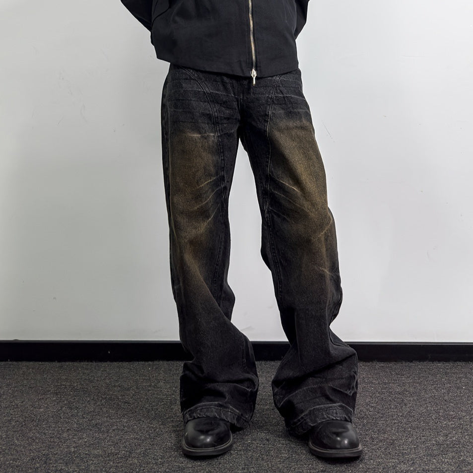 Washed Straight Dirty Mud Textured Deconstructed Jeans Alamode