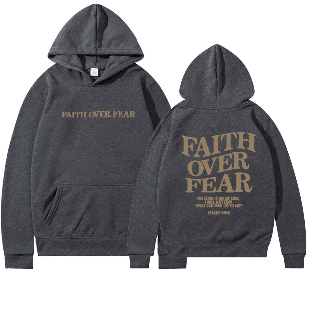 Two dark gray Faith Over Fear Christian Hoodies with hoods up, featuring gold lettering and a Psalms 118:6 Bible verse. This trendy unisex sweatshirt is perfect for daily encouragement and Christian inspiration.