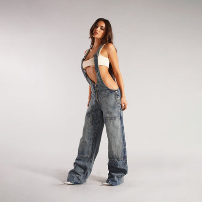 Y2K Zipper Denim Overalls With Pockets Fashion Loose Suspender Jumpsuit Streetwear Jeans Pants Womens Clothing Alamode