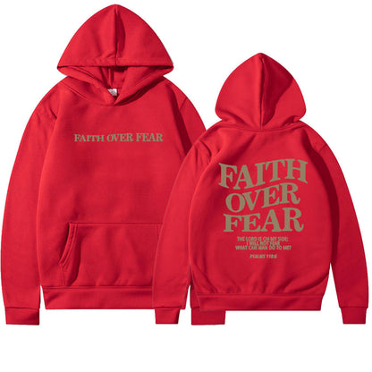 The Faith Over Fear Christian Hoodie features "FAITH OVER FEAR" in beige text on the front and back, with Psalm 118:6 beneath on the back. This unisex, trendy sweatshirt makes an inspirational statement of faith.