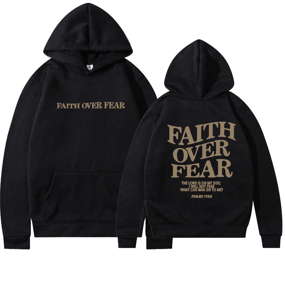 Two black Faith Over Fear Christian Hoodies feature gold "FAITH OVER FEAR" on the front and back, plus an inspiring Psalm 118:6 verse—perfect unisex Bible verse sweatshirts for daily encouragement and modern Christian style.