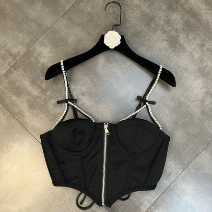 Ladies Shoulder Strap Bow Zipper Dark Tank Top.
