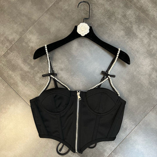 Ladies Shoulder Strap Bow Zipper Dark Tank Top.
