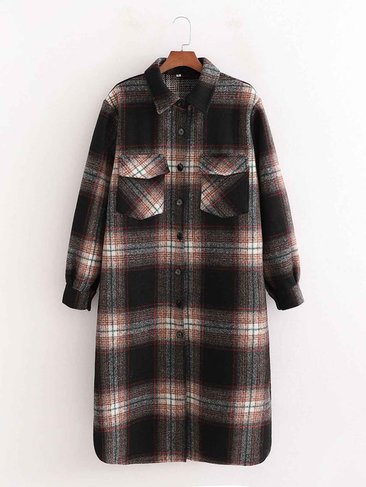 Women's Slim Dark Brown Woolen Plaid Jacket.
