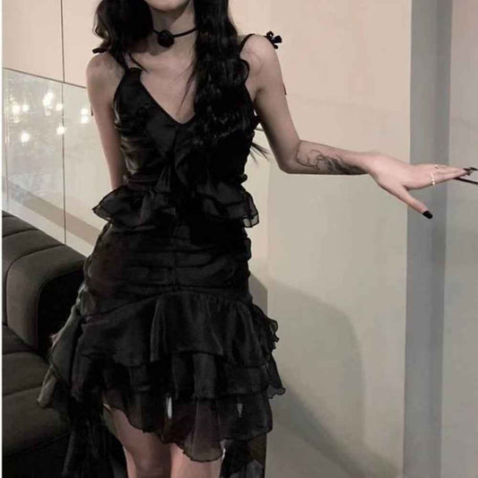Romantic Dark Flowy Ruffle Layered High Dress.