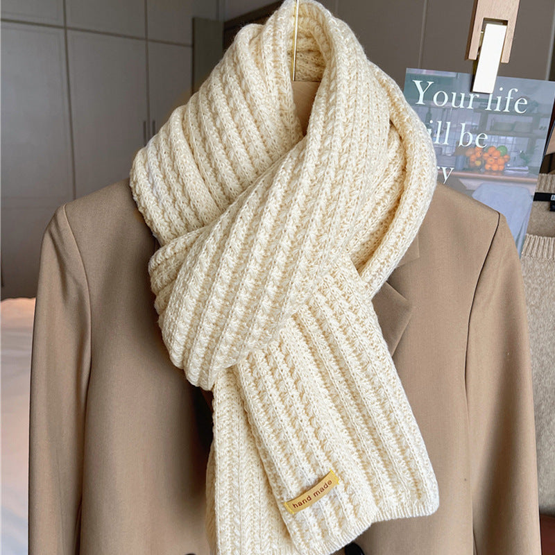 White Harajuku Style Coarse Yarn Knitted Scarf For Women Winter Korean Style All-matching Warm Japanese Style Students Thickened Alamode
