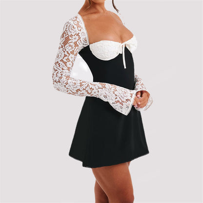 Y2K  Lace Long Sleeve Dress Fashion Sexy Corset Backless Lace Up Short Dresses Womens Clothing Alamode