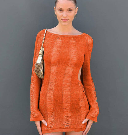 Fashion Slim Fit Hollow Long Sleeve Dress Y2K Sexy Backless Hip-hugging Short Dresses Womens Clothing Alamode