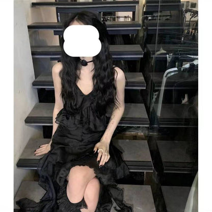 Romantic Dark Flowy Ruffle Layered High Dress.
