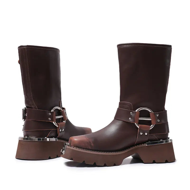 All-match Height Increasing, Brown Sleeve Western Denim Ankle Boots Alamode