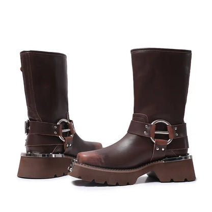 All-match Height Increasing, Brown Sleeve Western Denim Ankle Boots Alamode